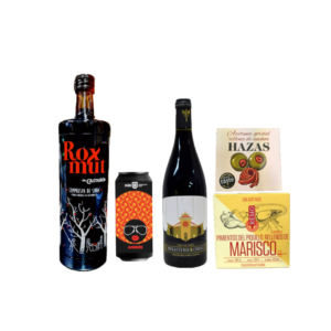 Regalo ideal para poder degustar productos del Paraíso con un Vermut de sidra de Castañón Rox mut , una cerveza asturiana de Dúa Sparkling beer , vino con denominación de origen Cangas de Narcea y las aceitunas rellenas de anchoas Hazas y unos pimientos rellenos de marisco de la conservera asturiana Remo