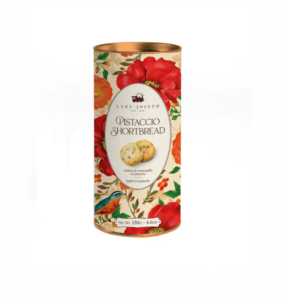 LAdy Joseph galletas de mantequilla con pistacho hechas en España en una bonita lata con grandes flores en tonos rojos