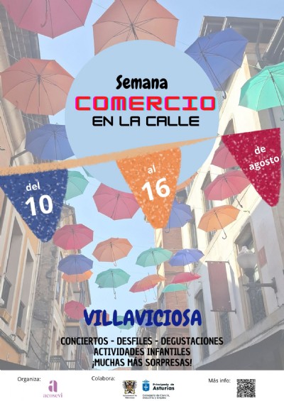 Cartel semana comercio en la calle de Villaviciosa, Asturias.