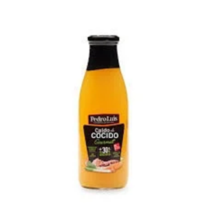 Caldo de Cocido Pedro Luis Caldo goumet Pedro LuIs , empresa española que nos presenta sus caldos en botella de cristal con tapón de rosca y con etiqueta negra donde destaca la procedencia española y de productos frescos de temporada