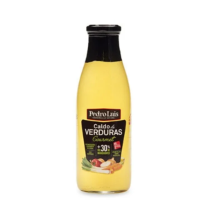 Caldo de verduras goumet Pedro LuIs , empresa española que nos presenta sus caldos en botella de cristal con tapón de rosca y con etiqueta negra donde destaca la procedencia española y de productos frescos de temporada
